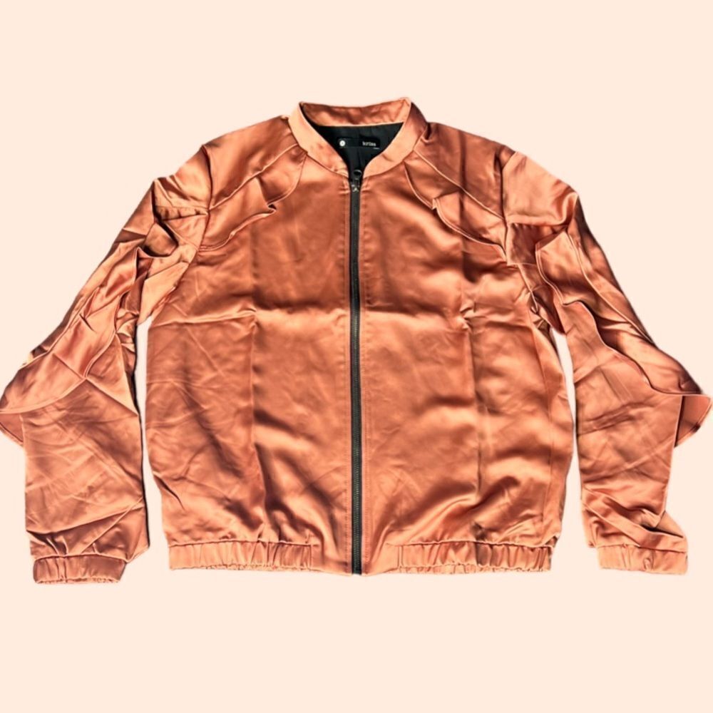 REVOLVE Krisa Ruffle Satin Style Bomber Jacket in Copper. Lined. Size XS. NWT!